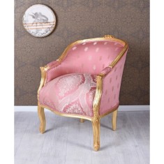 Fotoliu din lemn masiv auriu cu tapiterie din matase roz cu flori CAT660A46