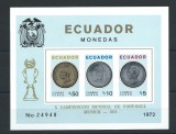 Ecuador 1974 - Campionatul Mondial de fotbal, supratipar, monede, colita neuzata