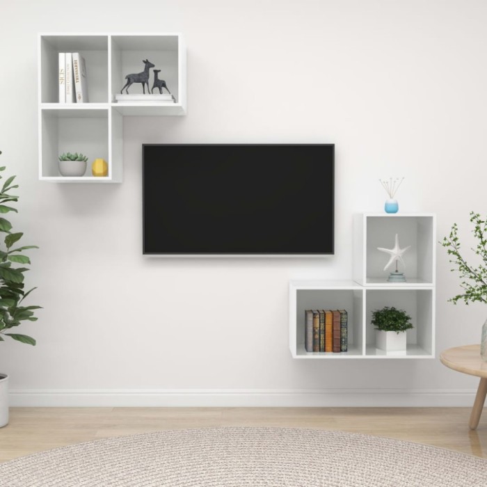 Set de dulapuri TV, 4 piese, alb extralucios, lemn prelucrat