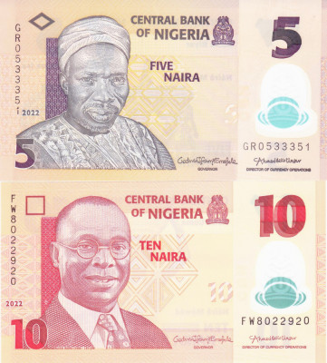 Bancnota Nigeria 5 si 10 Naira 2022 - P38/39 UNC ( set x2 polimer ) foto