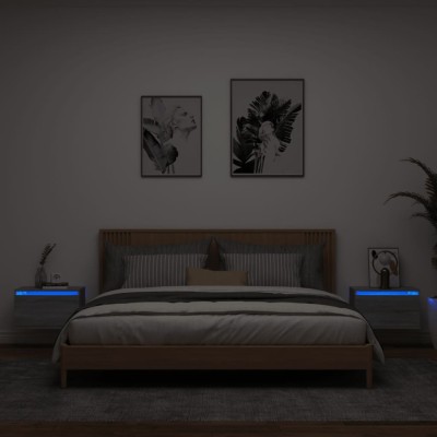 Gossi noptiere montate pe perete cu lumini led, 2 buc., sonoma gri foto
