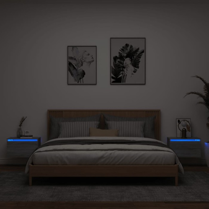 Gossi noptiere montate pe perete cu lumini led, 2 buc., sonoma gri