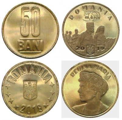 Romania, lot 2 monede de 50 bani 2019 UNC_varianta comună și Regina Maria foto