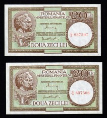 20 Lei 1947 - 1950 2 bucati consecutive cu semnaturile lui Alexandrini si Panait Gheorghiu , filigran MF vertical . Stare UNC . Necirculata