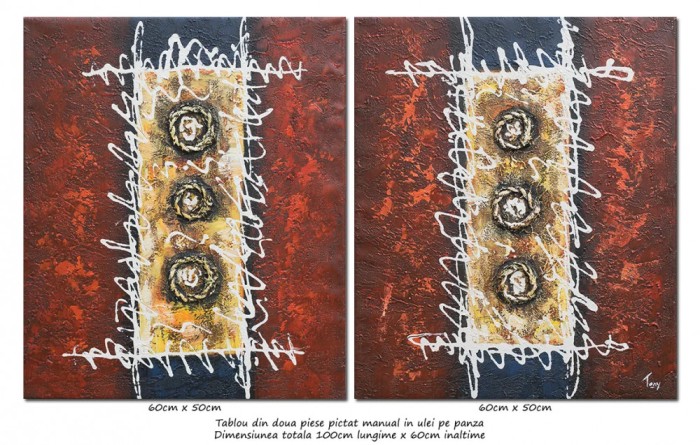 Set 2 tablouri pictate manual, Deco abstract, 100x60cm ulei pe panza in relief efect 3D, Spectaculos