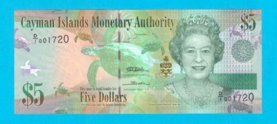 Bancnotă Insulele Cayman (pick 39) 5 Dollars 2010 UNC serie: D/I 001720 foto
