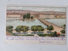Carte postala veche tiparita de Kosmos Budapest, design de artist Richard Heged&uuml;s-Geiger, reprezentand Geneva, pod peste raul Ron (Rhone)
