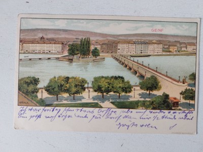 Carte postala veche tiparita de Kosmos Budapest, design de artist Richard Heged&amp;uuml;s-Geiger, reprezentand Geneva, pod peste raul Ron (Rhone) foto
