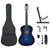 Set Chitara Clasica Incepatori vidaXL, 4/4 39&quot;, Albastru, 12 Piese: Husa, Curea, Pene, Corzi, Tuner, Capodastru, Suport