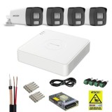 Sistem supraveghere analog Hikvision 4 camere 4K, Dual Light, IR 40m, lentila 2, 8mm, DVR 4 canale, 5MP, tehnologie AcuSense, accesorii montaj, fara H