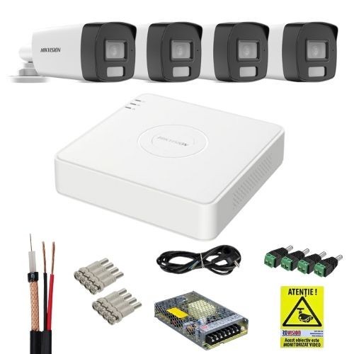 Sistem supraveghere analog Hikvision 4 camere 4K, Dual Light, IR 40m, lentila 2, 8mm, DVR 4 canale, 5MP, tehnologie AcuSense, accesorii montaj, fara H