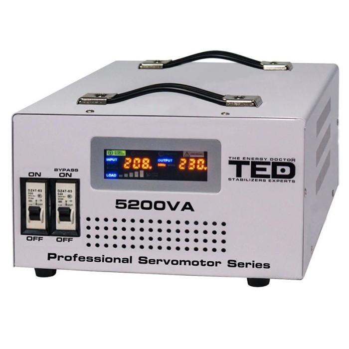 Stabilizator Tensiune Automat Servomotor 5000VA/ 3000W TED Protectie Supratensiune, Subtensiune, Timp Delay Selectabil, Transformator Toroidal SafetyG
