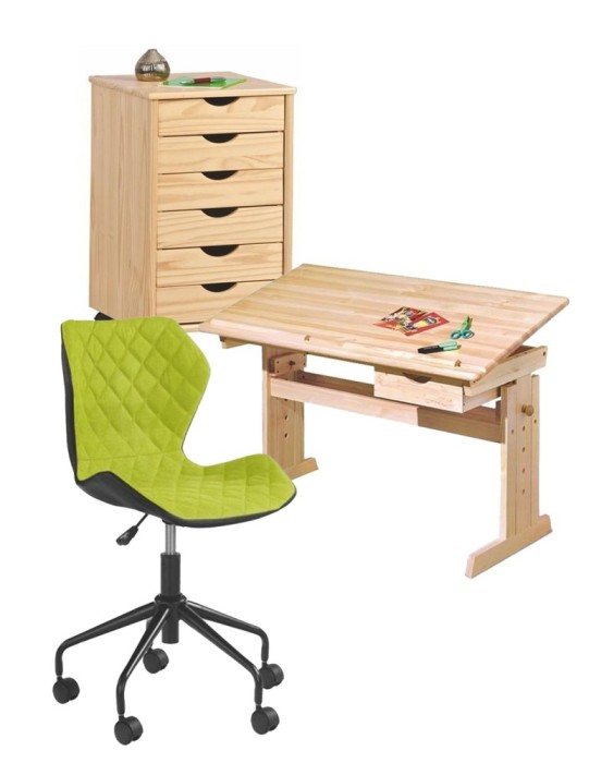 Set birou ergonomic HM Julia inaltime reglabila, unghi inclinare ajustabil, cu scaun HM Matrix negru verde, stofa, 100 kg si dulapior rulant HM Nils,