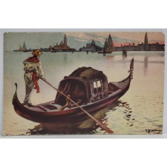 VENEZIA , LA GONDOLA , REPRODUCERE COLOR A UNUI LUCRARI IN ACUARELA , FORMAT CARTE POSTALA