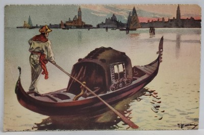 VENEZIA , LA GONDOLA , REPRODUCERE COLOR A UNUI LUCRARI IN ACUARELA , FORMAT CARTE POSTALA foto