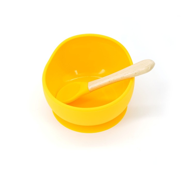 Set 2 piese diversificare bebelusi si copii din silicon, bol cu ventuza, lingurita din lemn si silicon, pentru gustari, fara alergeni, galben