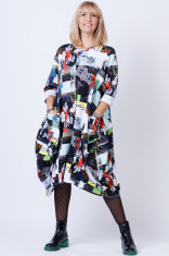 Rochie lunga lalea, din tricot de bumbac, cu imprimeu patchwork foto