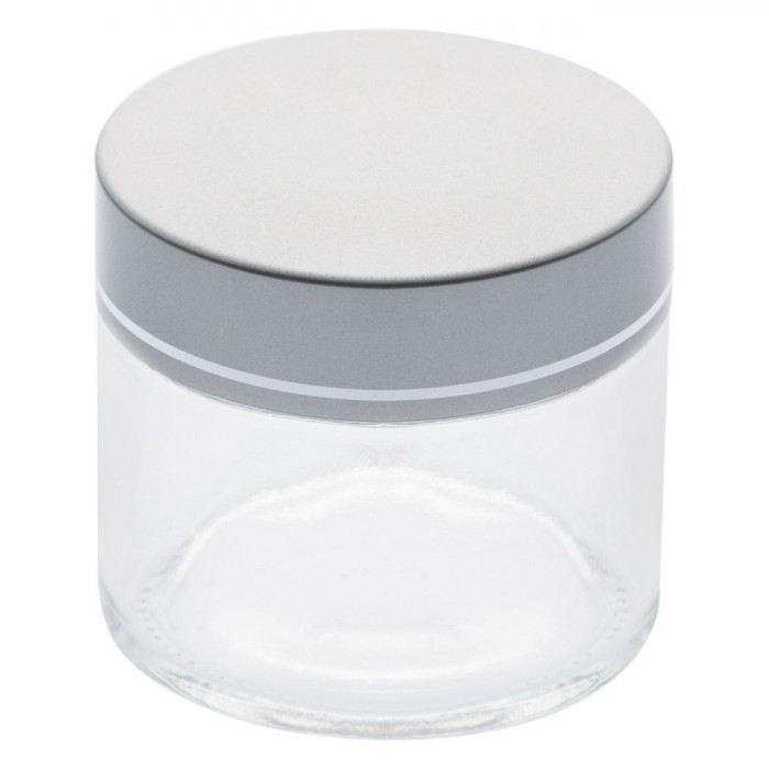 Borcan Sticlă, 50ml, Capac Aluminiu, Transparent, Diametru 5.5cm, &Icirc;nălțime 5.5cm