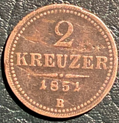 AUSTRIA 2 KREUTZER 1851,,B&amp;quot;/ CUPRU /10,8 g / 25,9 mm foto