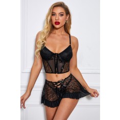 T447-1 Set 3 piese lenjerie sexi din dantela si plasa fina