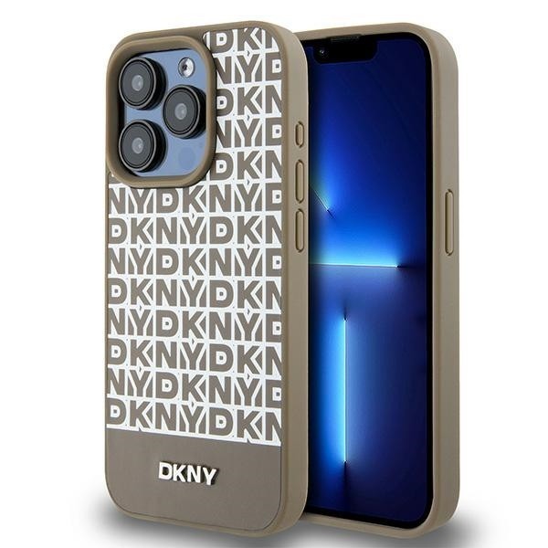 Husa MagSafe pentru Apple iPhone 15 Pro, DKNY, Printed Pattern Metal Logo, Maro