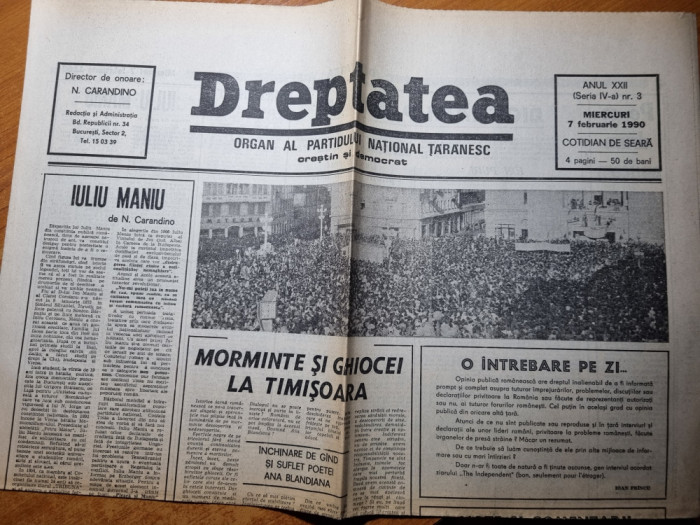 dreptatea 7 februarie 1990-art. iuliu maniu,art. revolutia de la timisoara