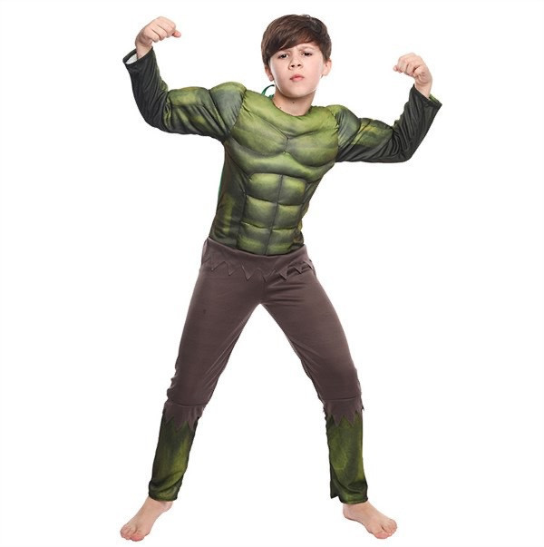 Set costum Hulk clasic cu muschi si accesorii pentru baieti 5-7 ani 110-120  cm | Okazii.ro