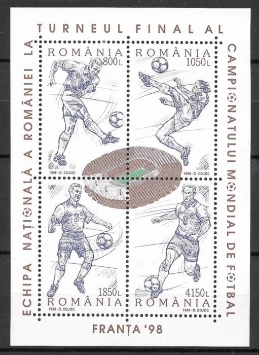 Romania 1998 - C. M. de Fotbal Franţa, bloc dantelat MNH, LP 1455