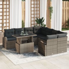 Set de 9 sofe de gradina Gossi cu perne gri ratan poli, sofa de gradina Gossi cu 2 locuri cu spatiu de stocare si perne gri ratan poli