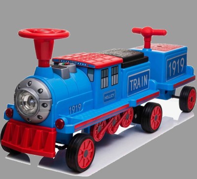 Trenulet electric cu vagon extra pentru 3 copii, model SX1919, 12V, 180W, roti moi, music player, albastru foto