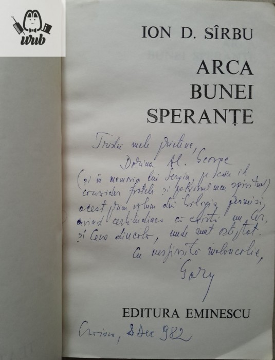 Ion D Sirbu/Sarbu Arca bunei sperante - cu dedicatie si autograf