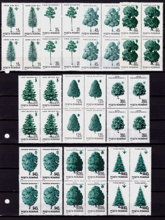 ✅ RO 1994 , LP 1343 &quot;Specii forestiere - erori multiple&quot;, serie in bloc de 4, MNH