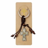 Breloc religios cu cruce si figurina Isus, accesoriu crestin cu snur textil si margele din lemn, breloc pentru chei sau rucsac