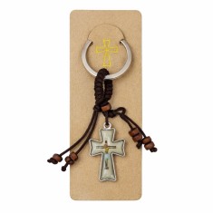 Breloc religios cu cruce si figurina Isus, accesoriu crestin cu snur textil si margele din lemn, breloc pentru chei sau rucsac