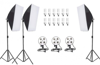 Kit studio profesional 3 softbox cu 4 socluri pentru becuri si 12 becuri 40w, Negru foto