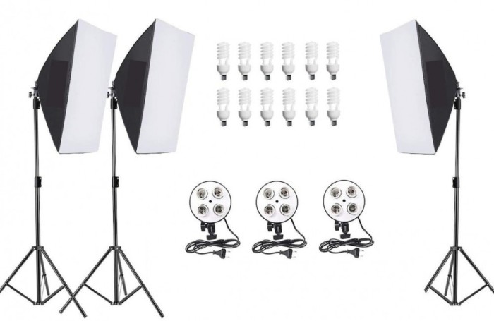 Kit studio profesional 3 softbox cu 4 socluri pentru becuri si 12 becuri 40w, Negru