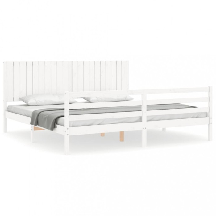 Cadru pat cu tablie 200x200 cm, alb, lemn masiv