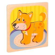 Puzzle montessori din lemn pentru copii, flippy, 3d, 0-3 ani, model catel, educativ, intuitiv, creativ, 3 piese, 15x15x0.5 cm, multicolor
