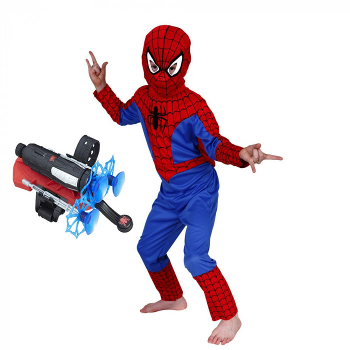 Set costum Spiderman IdeallStore&reg;, 110-120 cm si lansator cu ventuze