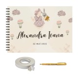 Set Album foto / GuestBook pentru botez, MODEL 2 pentru fetite, personalizabil, A4 landscape, pix si dubluadeziv inclus, 3 piese, accesoriu nunta
