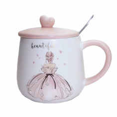 Cana cu capac din ceramica si lingurita Pufo Princess pentru cafea sau ceai, 350 ml, roz foto