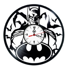 Ceas de perete decorativ realizat din disc de vinil, Model Batman Cavalerul Negru Emblema Liliac, Negru, 30 cm