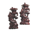 pereche decor perete sculpturi lemn rosu pasari si motive florale de perete China 25 cm inaltime fiecare Asia Orient