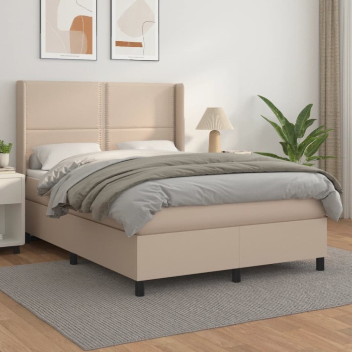 vidaXL Pat box spring cu saltea, cappuccino, 140x190cm piele ecologică 3132440