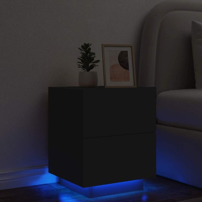 Noptieră cu lumini LED, negru, lemn prelucrat