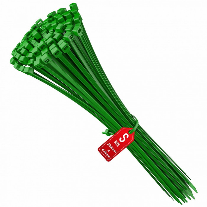 Set De 100 Buc Soricei - Coliere De Plastic, Fasete, Bride Pentru Gradina 200 Mm X 4.8 Mm, Din Poliamida 6.6 (Pa66), Intervisio, Culoare Verde 52522