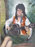 Femeia cu chitara - gipsy, tiganca cu salba, Scene gen, Ulei, Realism