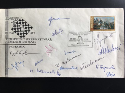 Turneul internațional feminin de șah Timișoara 1975 - &amp;icirc;ntreg poștal cu autografe foto