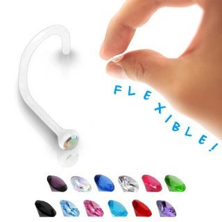 Piercing pentru nas - Bioflex transparent cu zirconiu colorat - Culoare zirconiu piercing: Verde - G