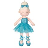 Papusa textila Shopiens&reg; balerina cu rochie albastra, par blond in coc cu fundita albastra, 50 cm